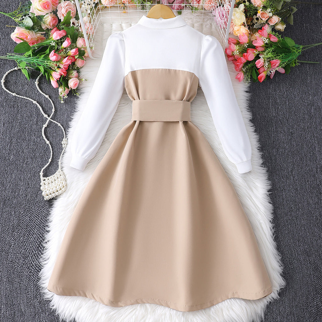 Girls Khaki Fit & Flare Puff Sleeves Shirt Dress Casual Dresses   
