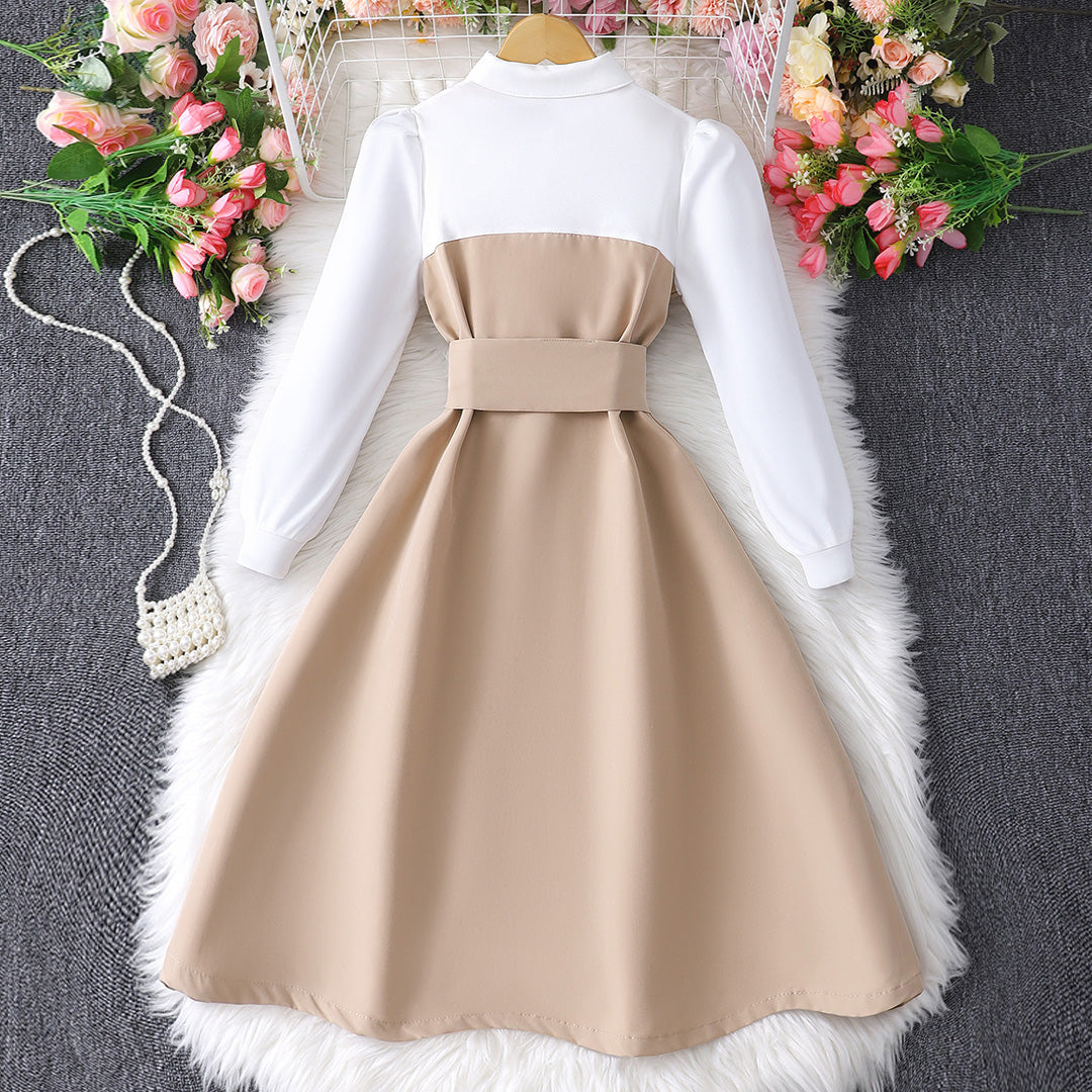 Girls Khaki Fit & Flare Puff Sleeves Shirt Dress Casual Dresses   