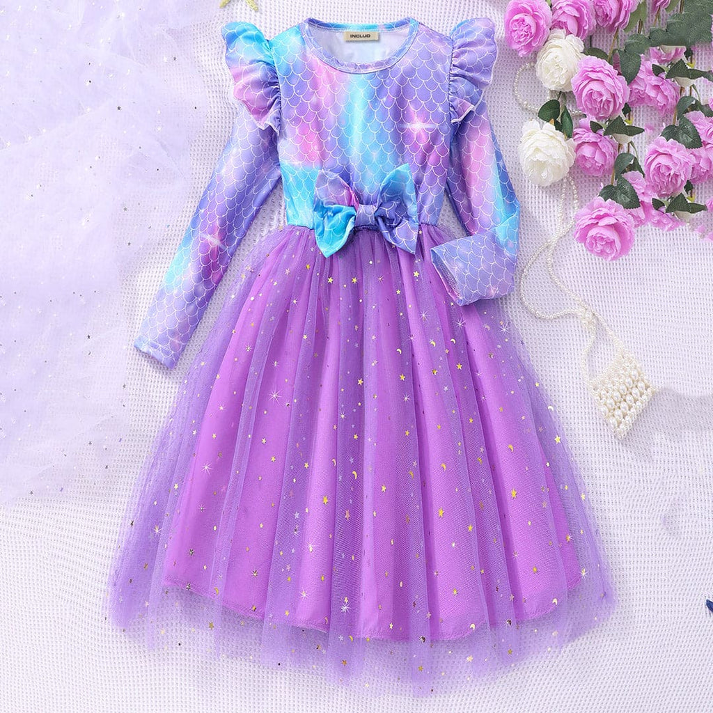 Girls Purple Printed Bow Applique Fit & Flare Party Dress Casual Dresses Purple 3-4 Y 