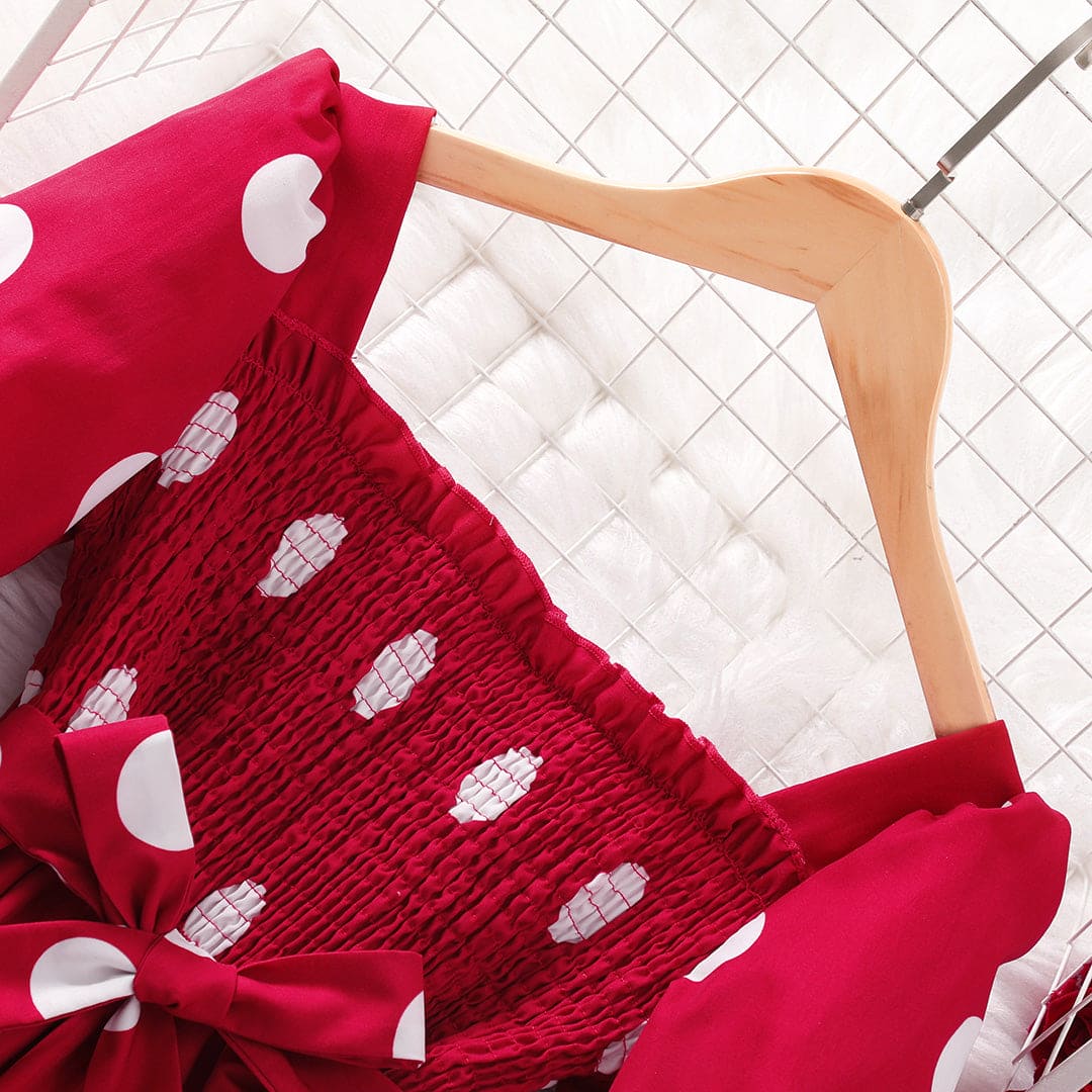 Girls Maroon Polka Dot Print Fit & Flare Ankle Length Smocked Dress Casual Dresses   