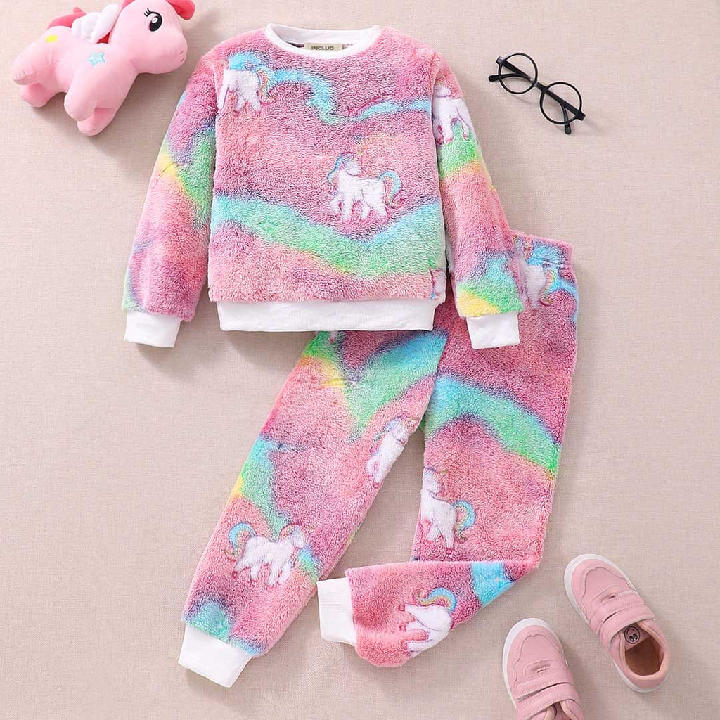 Girls Pink Fleece Unicorn Print Full Sleeves Sweatshirt with Trousers Sets Sets Pink 3-4 Y 