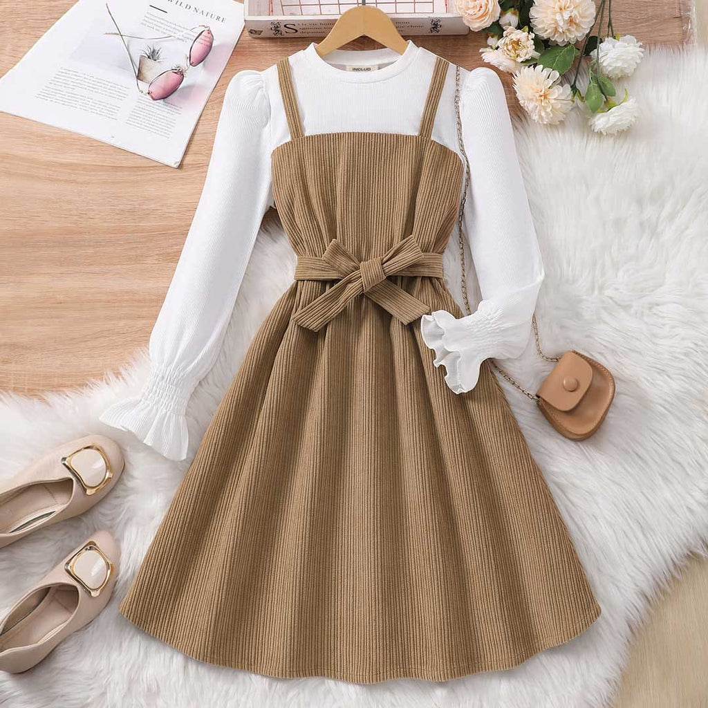 Girls Khaki Puff Sleeves Fit & Flare Dress