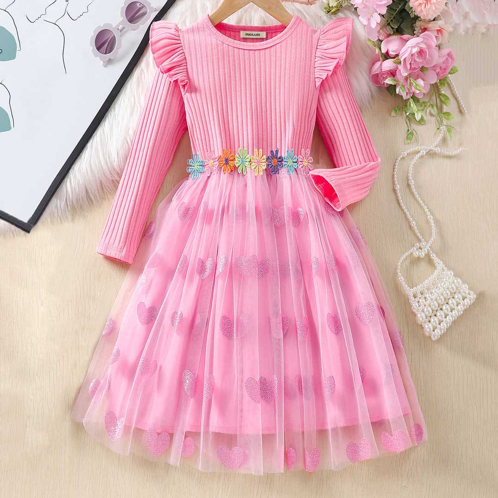 Girls Pink Heart Embellished Full Sleeves Party Dress