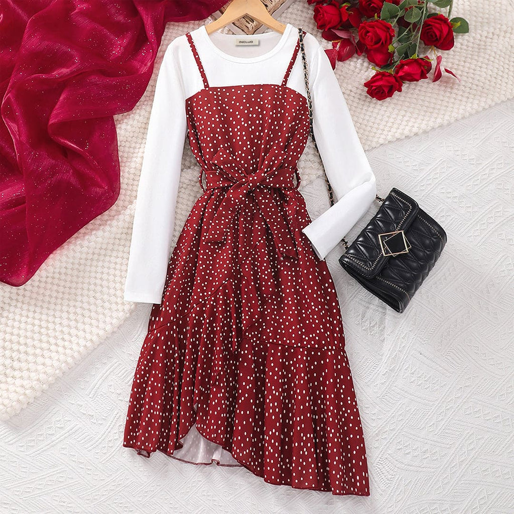 Girls Red Polka Dot Print Full Sleeves Fit & Flare Overlap Dress Casual Dresses Red 8-9 Y 