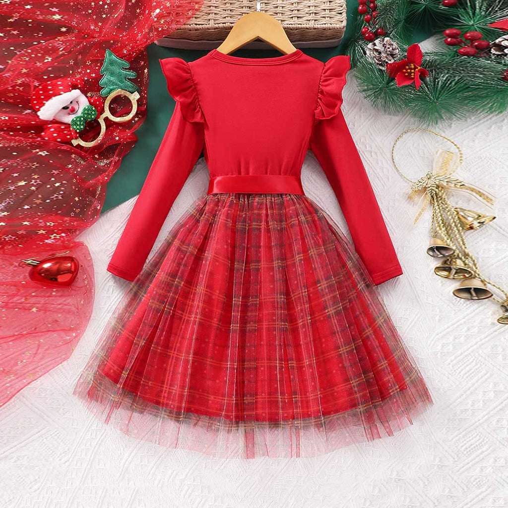 Girls Red Checkered Print Fit & Flare Party Dress