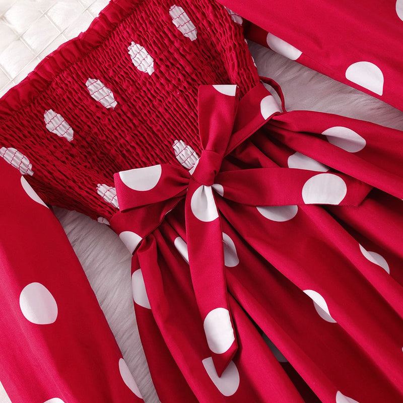 Girls Maroon Polka Dot Print Fit & Flare Ankle Length Smocked Dress Casual Dresses   