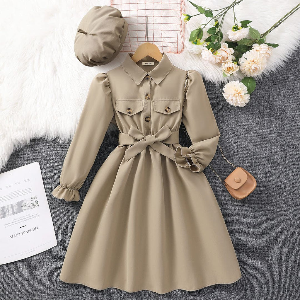 Girls Khaki Puff Sleeves Fit & Flare Shirt Dress Casual Dresses Khaki 8-9 Y 