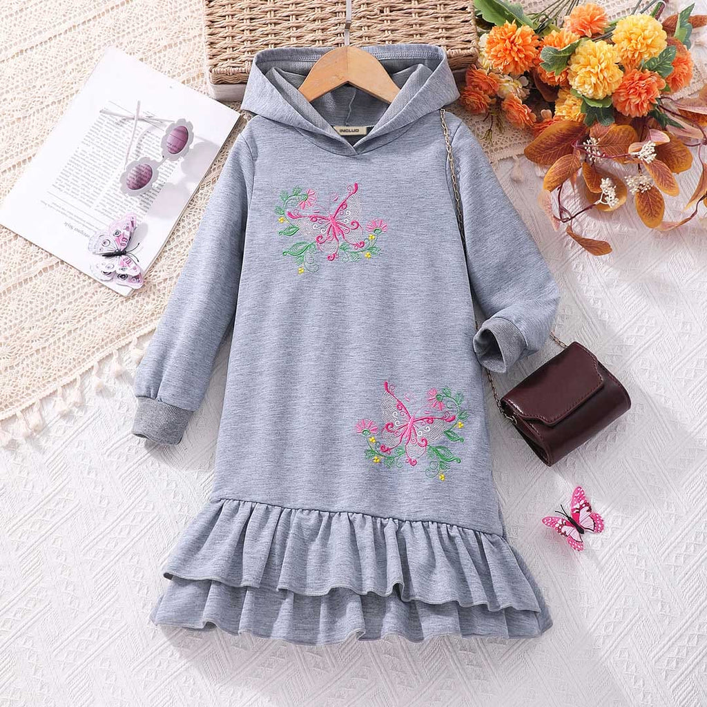 Girls Grey Embroidered Full Sleeves Drop-Waist Dress