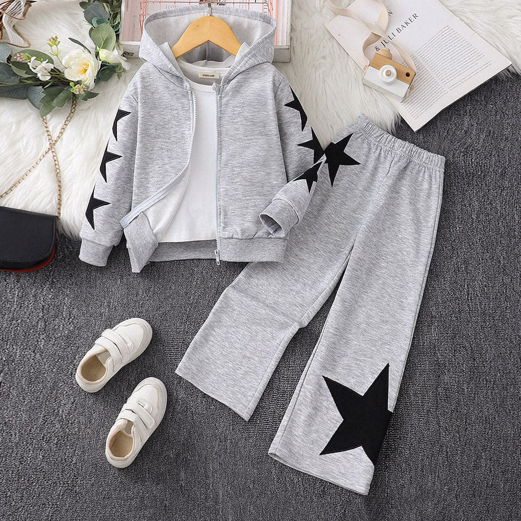 Girls Grey Strat Print Hooded Jacket with Pants Set Sets Gray 4-5 Y 