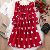 Girls Maroon Polka Dot Print Fit & Flare Ankle Length Smocked Dress Casual Dresses Maroon 8-9 Y 