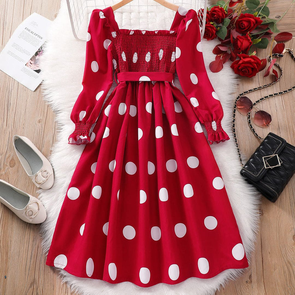 Girls Maroon Polka Dot Print Fit & Flare Ankle Length Smocked Dress