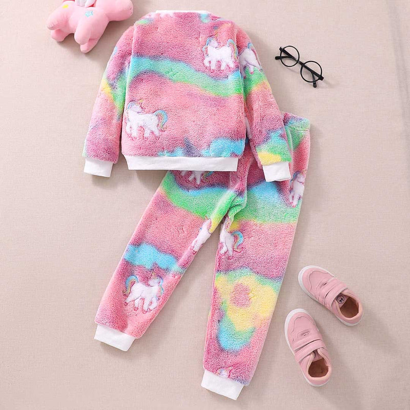 Girls Pink Fleece Unicorn Print Full Sleeves Sweatshirt with Trousers Sets Sets   