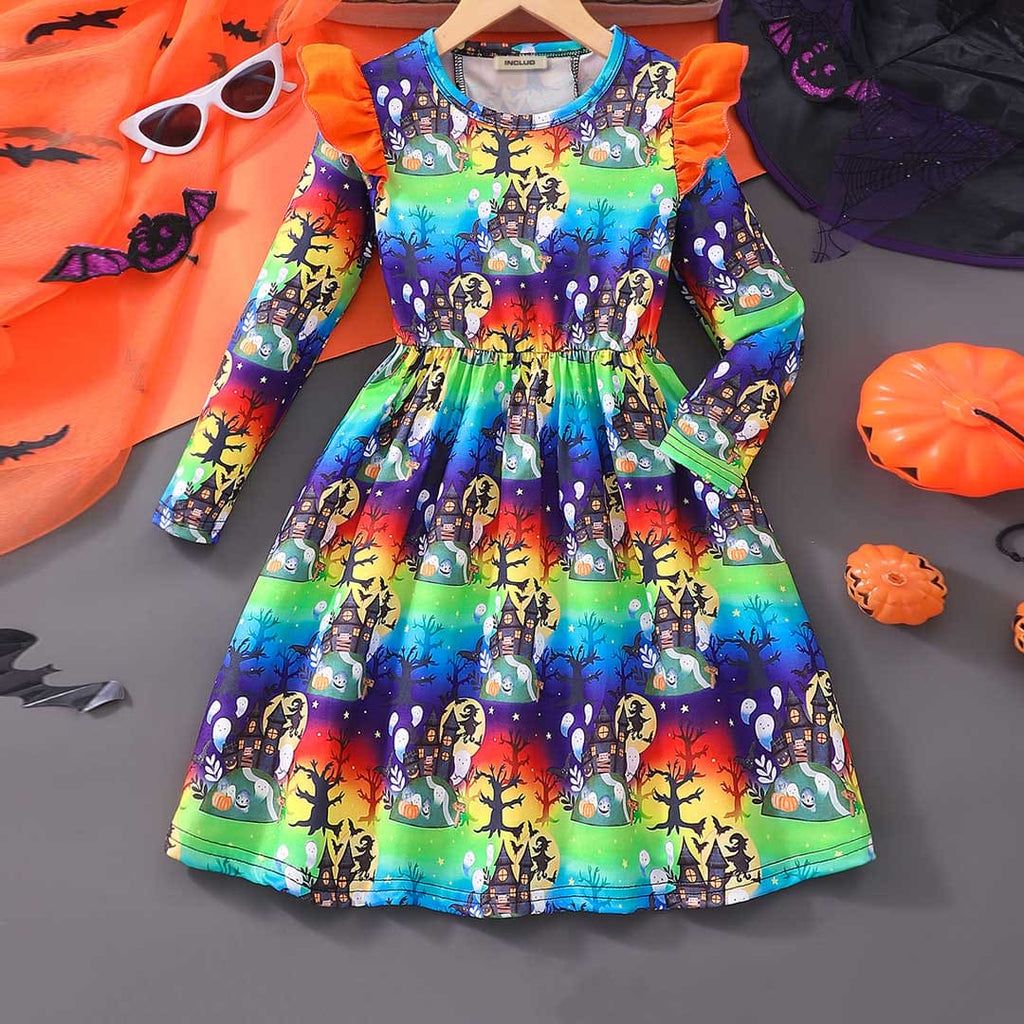 Girls Multicolor Printed Full Sleeves Fit & Flare Dress Casual Dresses Multicolor 3-4 Y 