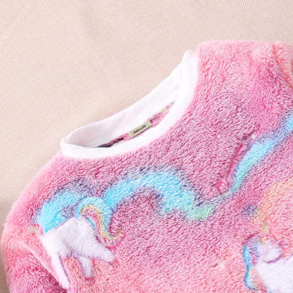 Girls Pink Fleece Unicorn Print Full Sleeves Sweatshirt with Trousers Sets Sets   