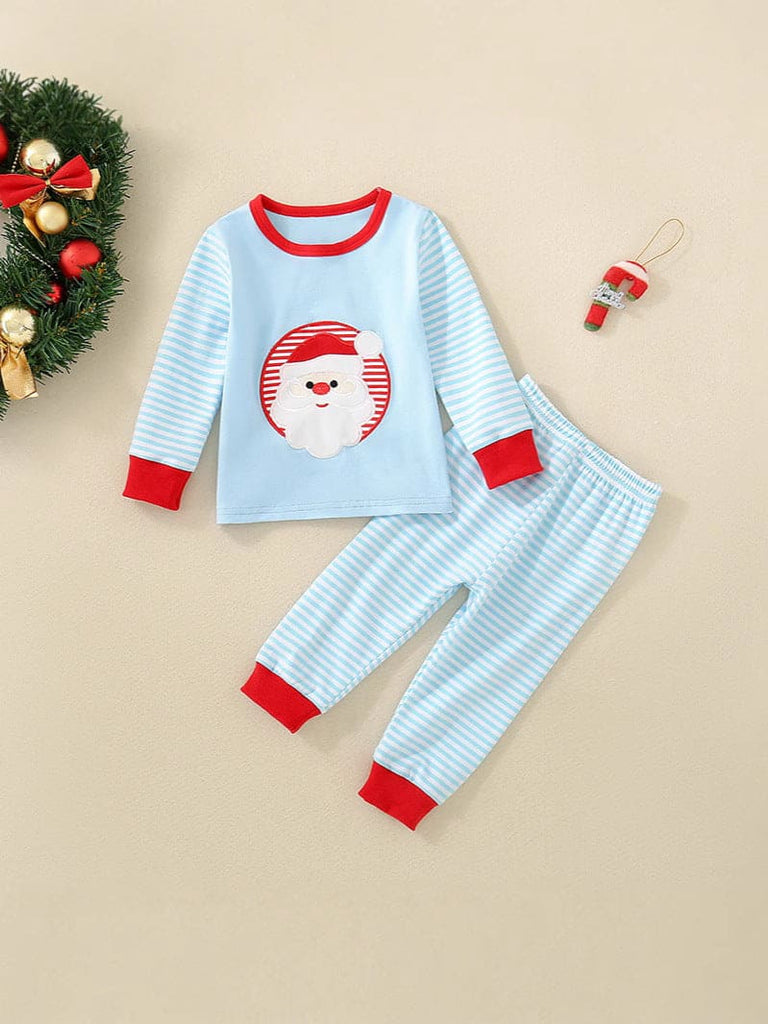 Girls Blue Striped Christmas Patch work T-shirt with Pants Set Sets Blue 3-6 M 