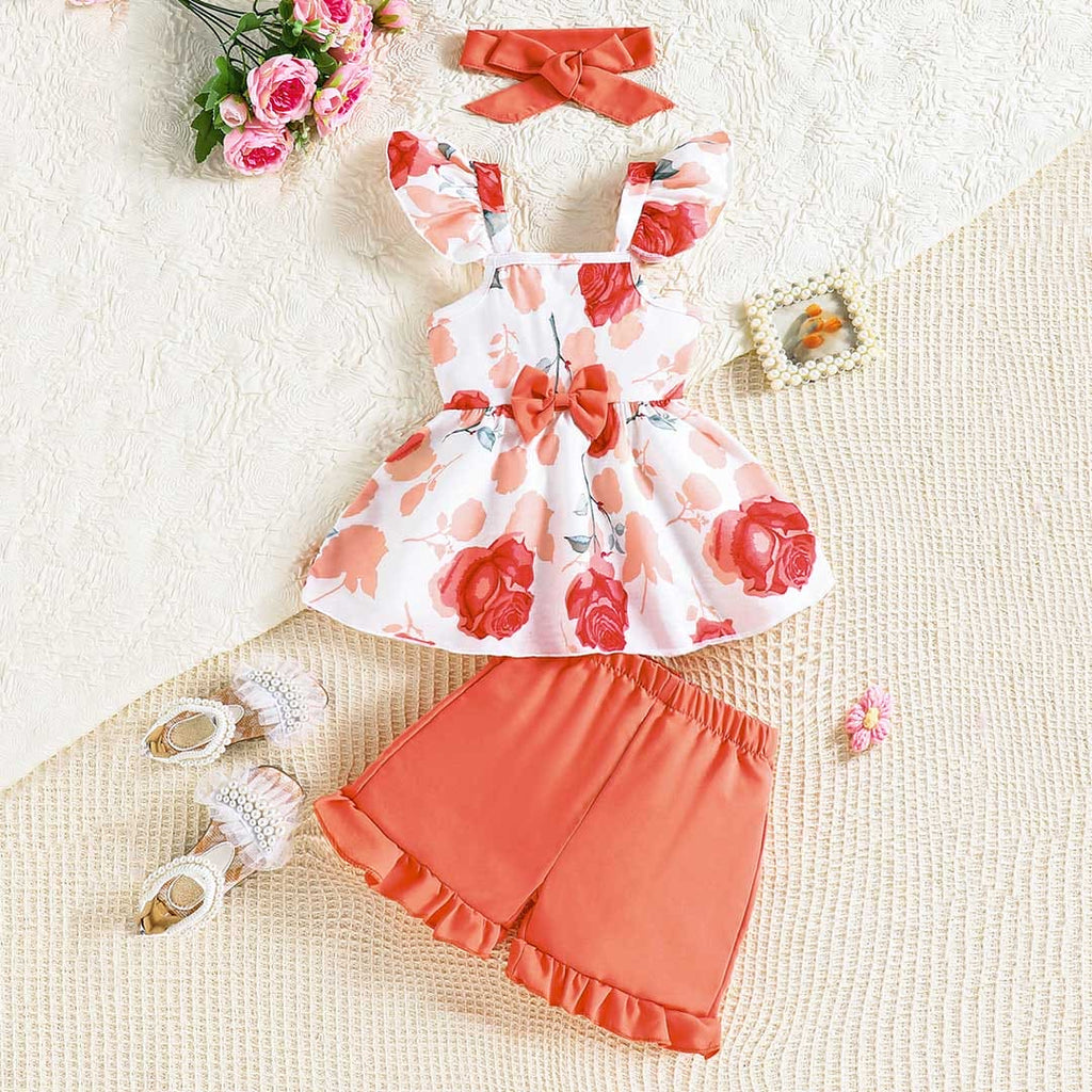 Girls Floral Print Flared Sleeves Top with Shorts Set Sets Peach 1-2 Y 