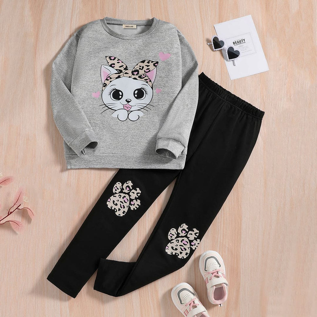 Girls Grey Graphic Print Full Sleeves T-shirt with Legging Set Sets Black 3-4 Y 