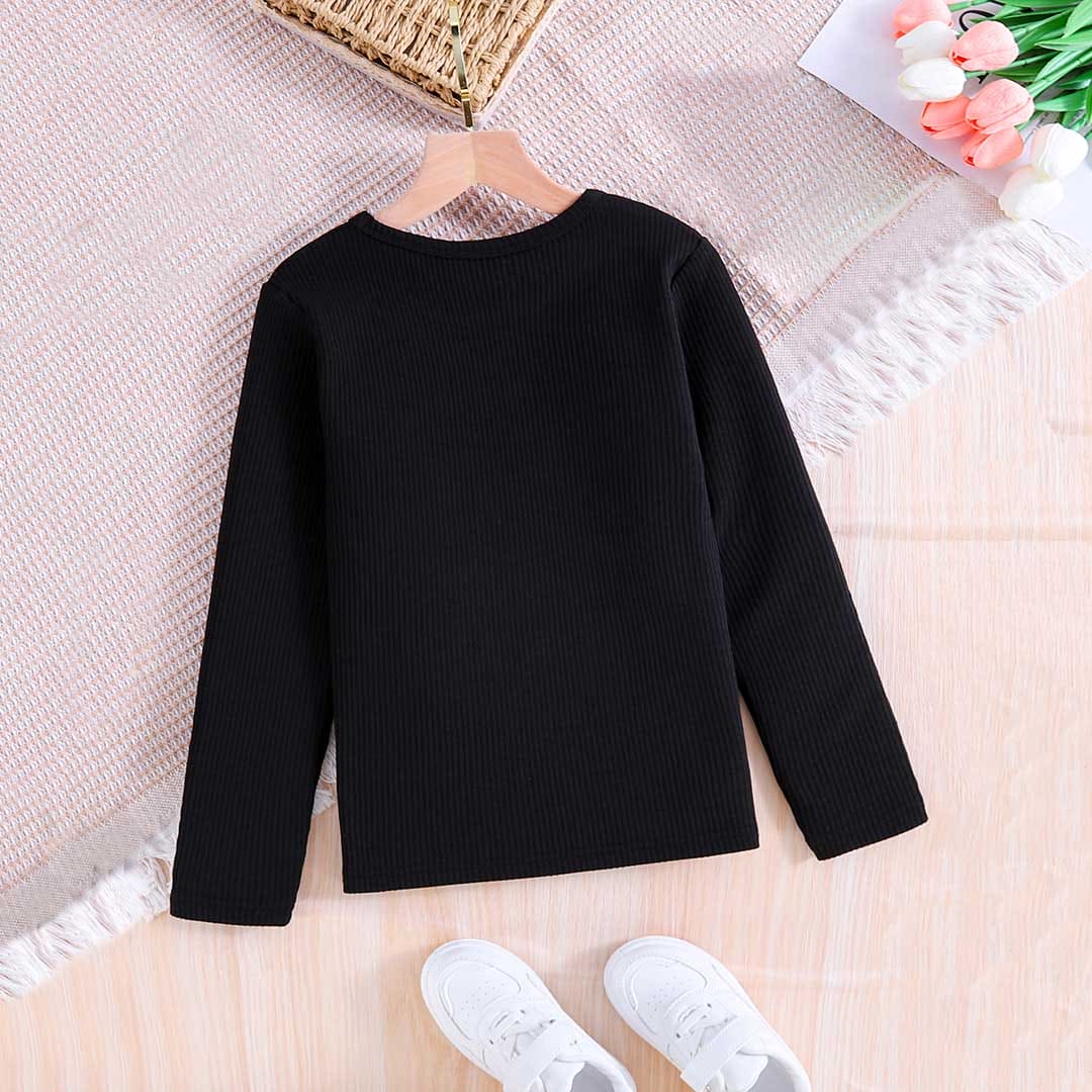 Girls Black Knitted Full Sleeves T-shirt Tops   