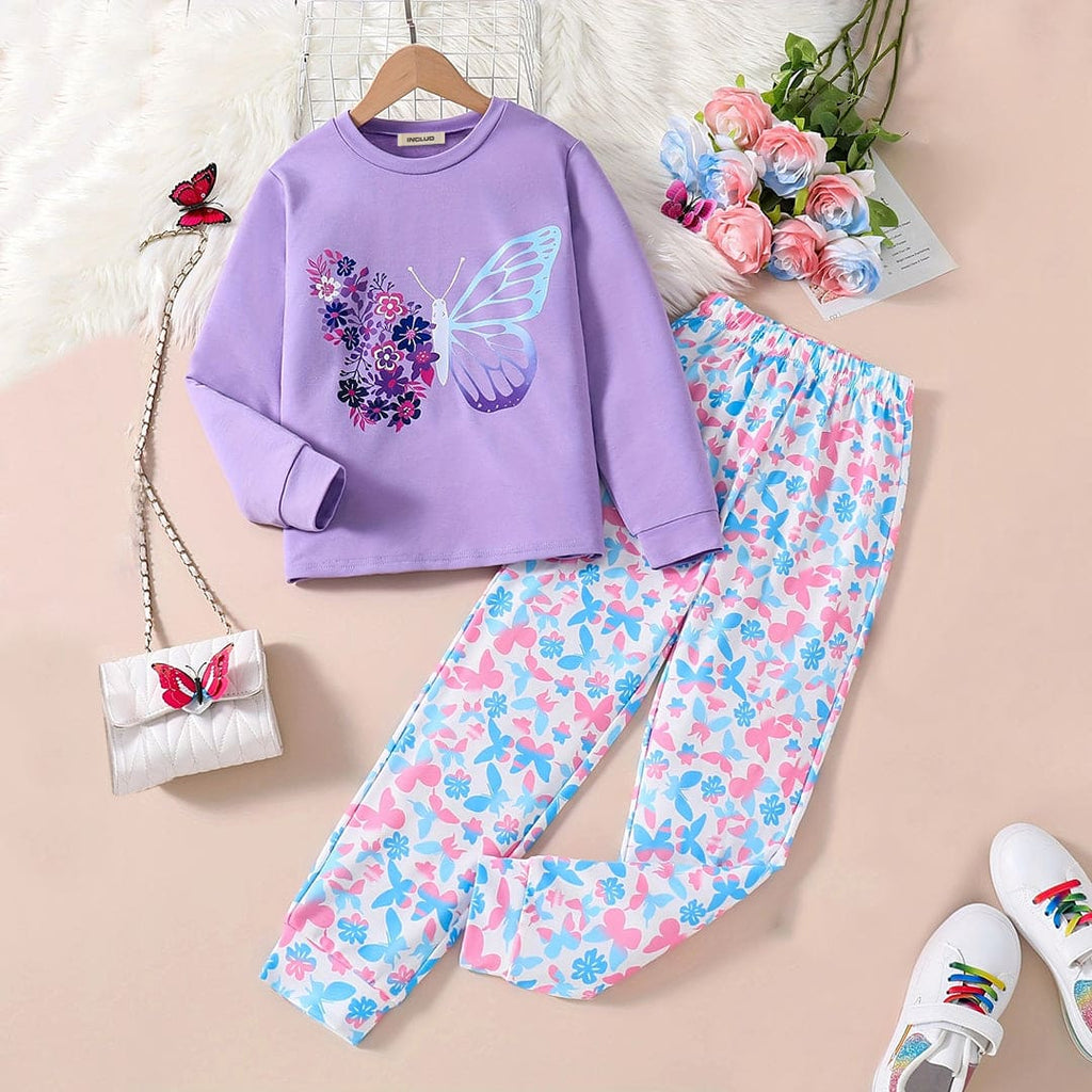 Girls Purple Butterfly Print Full Sleeves Sweatshirt with Pants Set Sets Purple 7-8 Y 