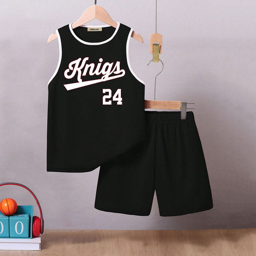 Boys Black Printed Sleeveless T-shirt with Elasticated Shorts Set Sets Black 7-8 Y 