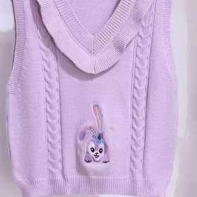 Girls Purple Sleeveless V-Neck Cartoon Embroidery Sweater Sweaters & Cardigans