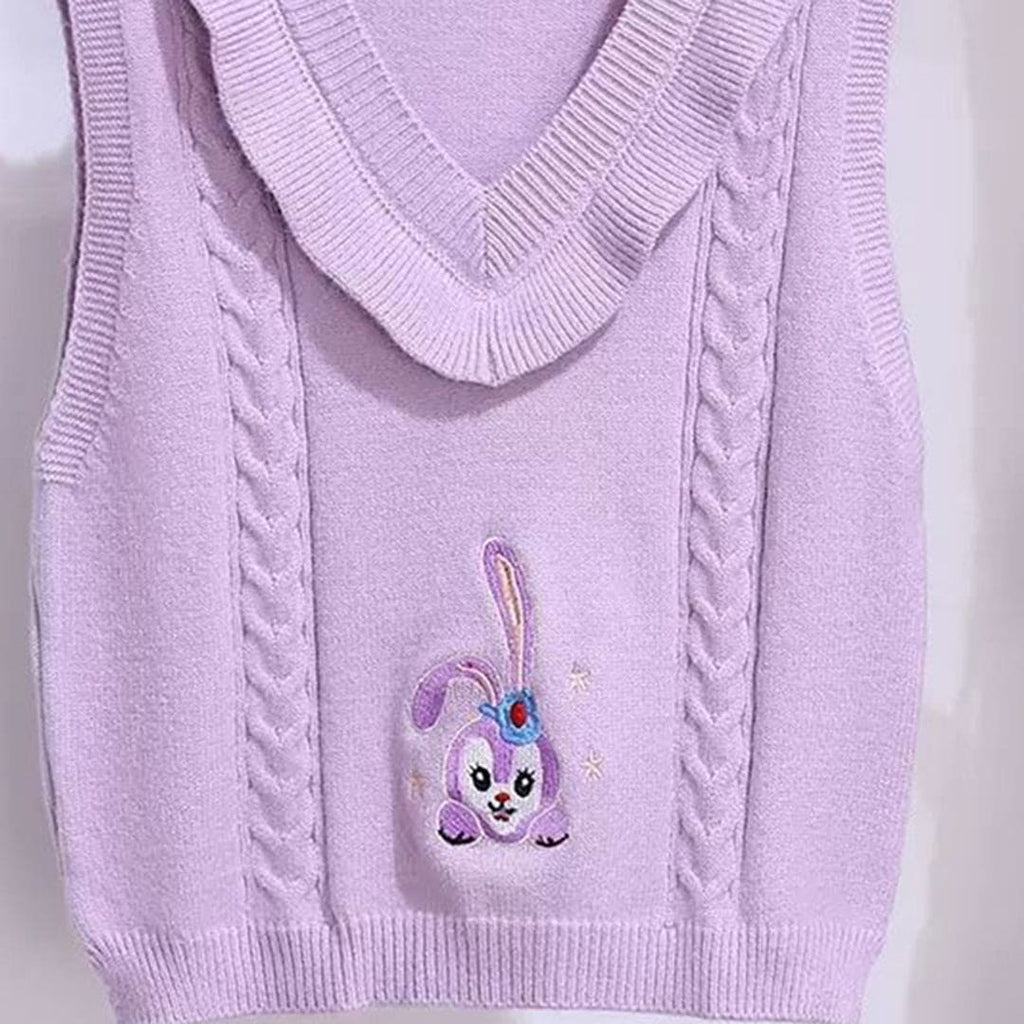Girls Purple Sleeveless V-Neck Cartoon Embroidery Sweater Sweaters & Cardigans