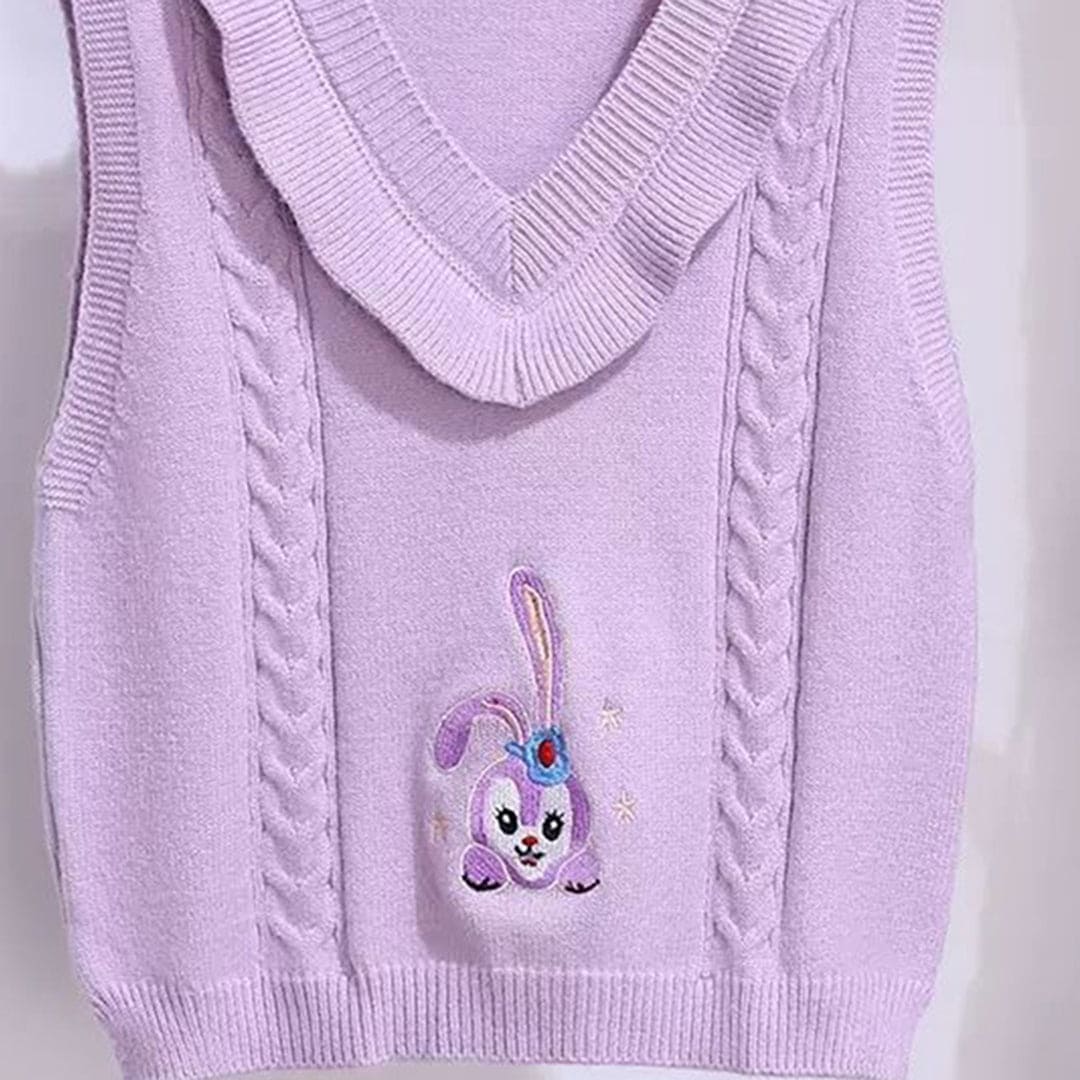 Girls Purple Sleeveless V-Neck Cartoon Embroidery Sweater Sweaters & Cardigans