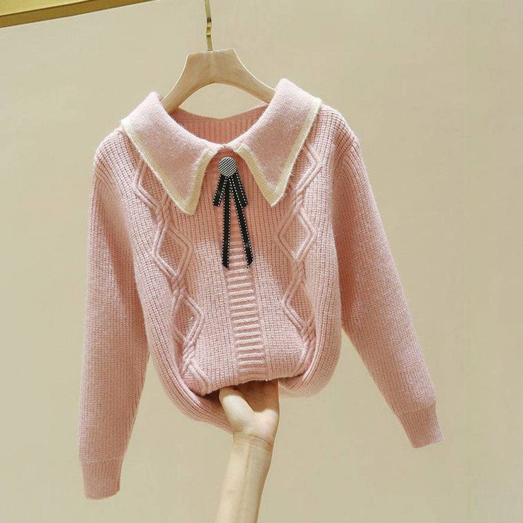 Girls Pink Rib Knit Peter Pan Collar Sweater Sweaters & Cardigans Pink 3-4 Y