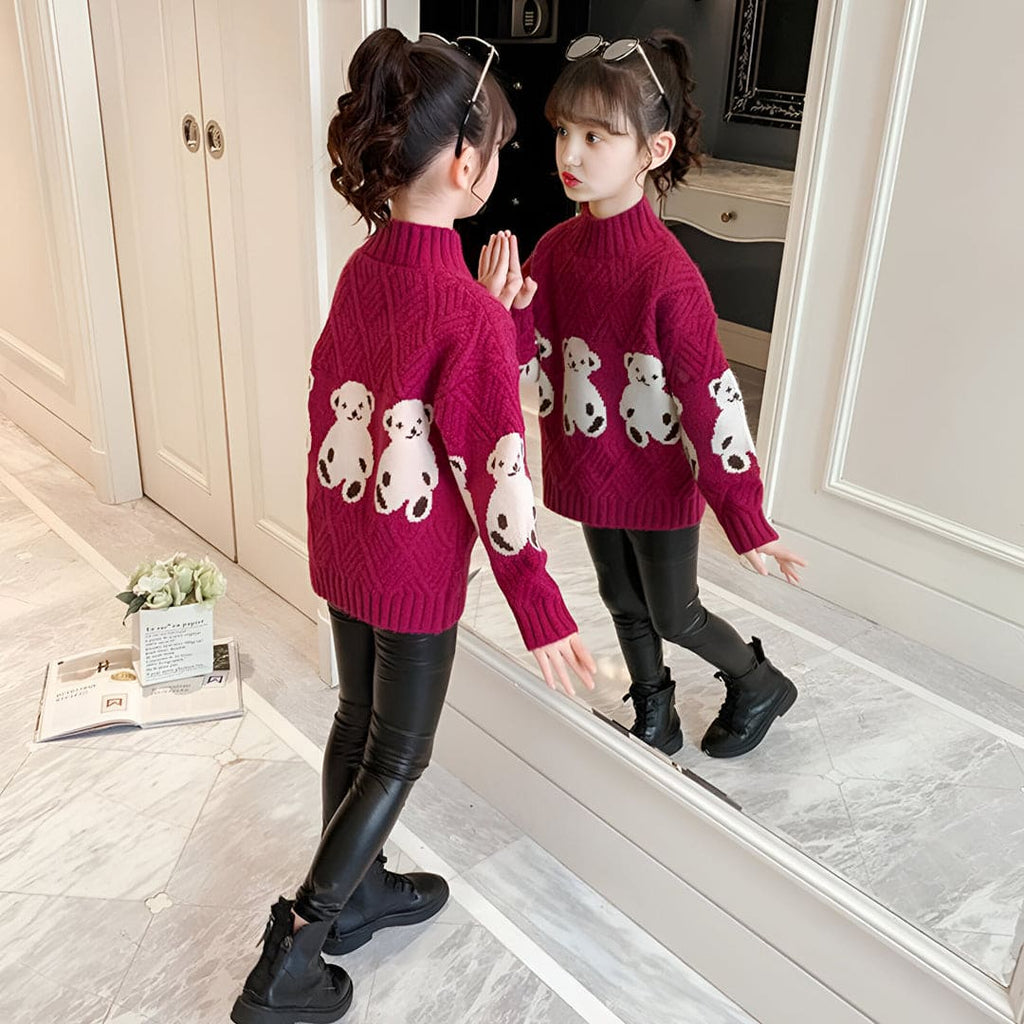 Girls Maroon Argyle Long Sleeve High Neck Sweater Sweaters & Cardigans
