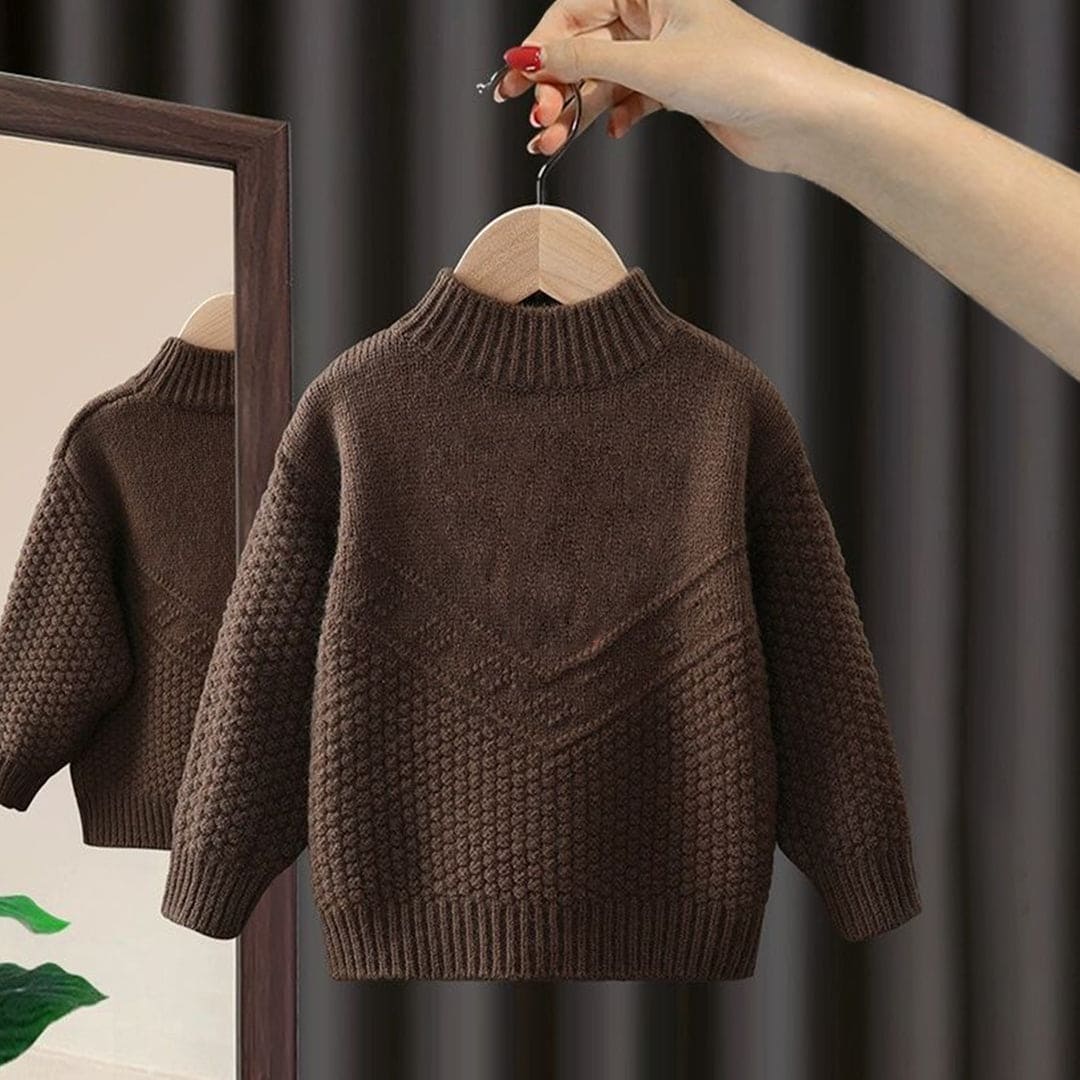 Girls Brown Flower Embroidery High Neck Sweater Sweaters & Cardigans