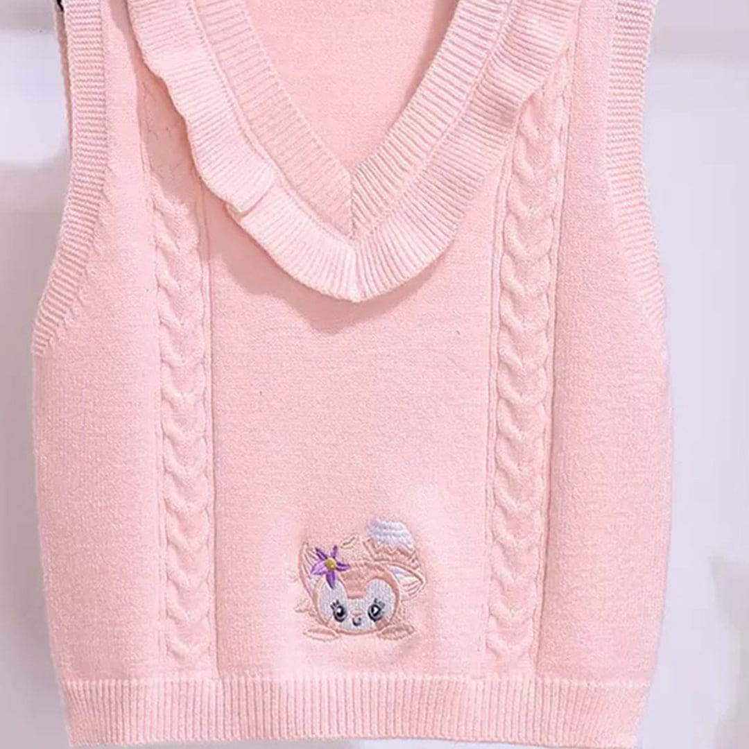 Girls Pink Sleeveless V-Neck Cartoon Embroidery Sweater Sweaters & Cardigans