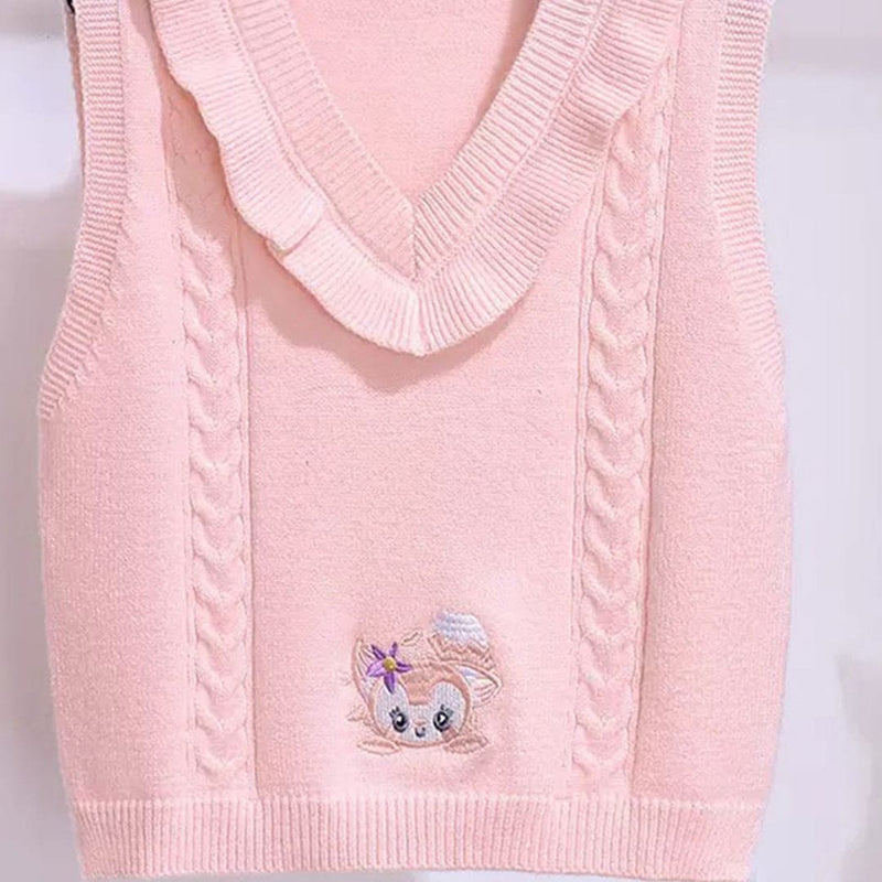 Girls Pink Sleeveless V-Neck Cartoon Embroidery Sweater Sweaters & Cardigans