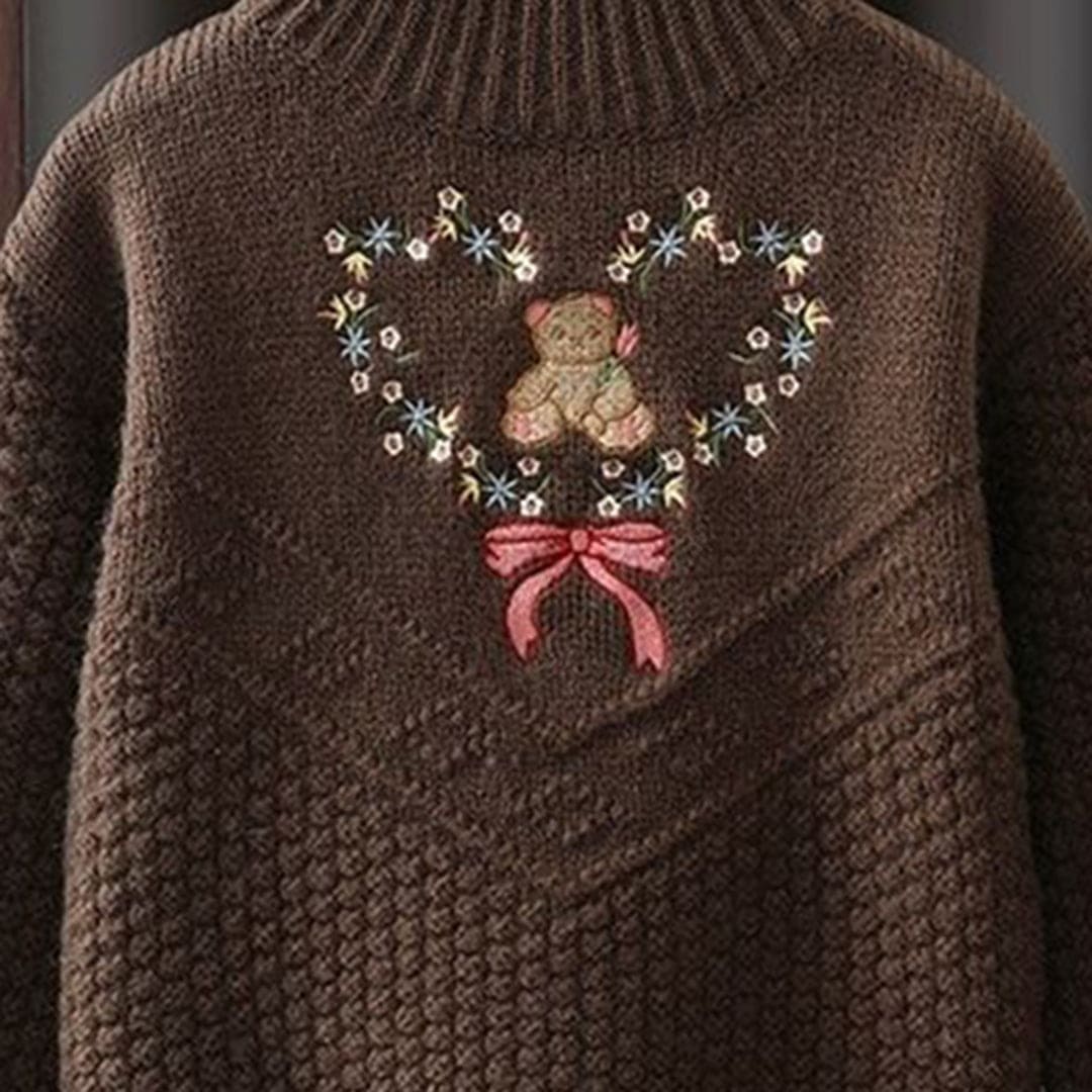 Girls Brown Flower Embroidery High Neck Sweater Sweaters & Cardigans