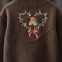 Girls Brown Flower Embroidery High Neck Sweater Sweaters & Cardigans