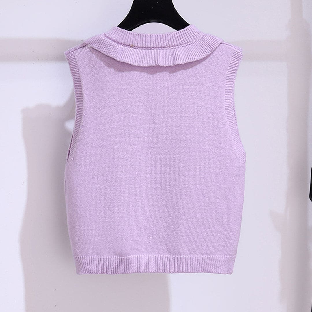 Girls Purple Sleeveless V-Neck Cartoon Embroidery Sweater Sweaters & Cardigans
