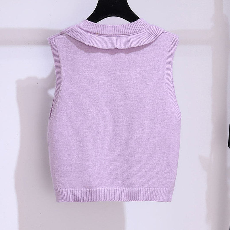 Girls Purple Sleeveless V-Neck Cartoon Embroidery Sweater Sweaters & Cardigans