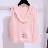 Girls Pink Sleeveless V-Neck Cartoon Embroidery Sweater Sweaters & Cardigans Pink 5-6 Y