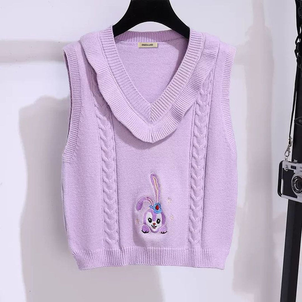 Girls Purple Sleeveless V-Neck Cartoon Embroidery Sweater Sweaters & Cardigans Purple 5-6 Y