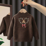 Girls Brown Flower Embroidery High Neck Sweater