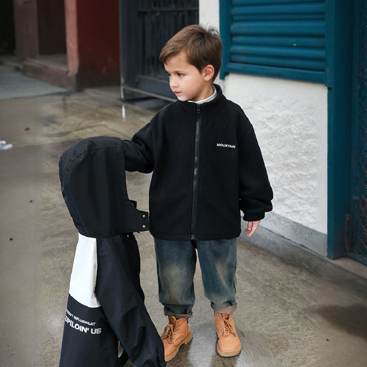 Boys Black Long Sleeve Hooded Jackets With Print Back Coats & Jackets