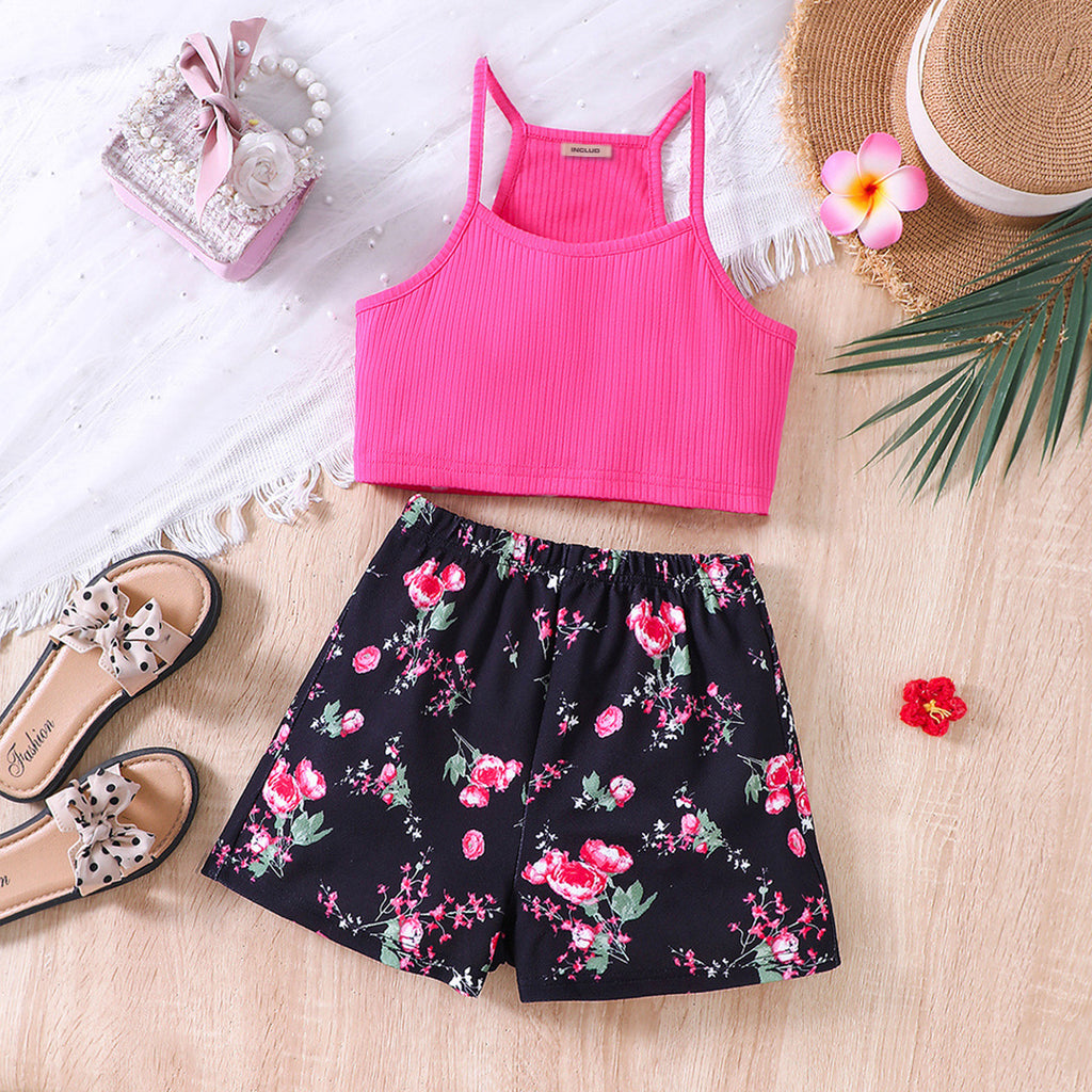 Girls Red Strappy Crop Top with Floral Print Shorts Set