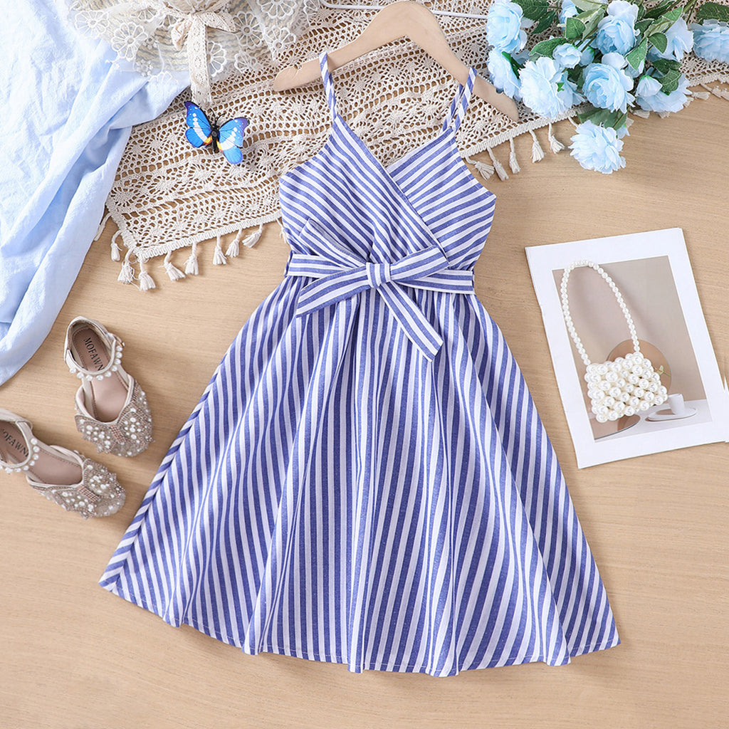 Girls Blue Striped Fit & Flare Casual Dress