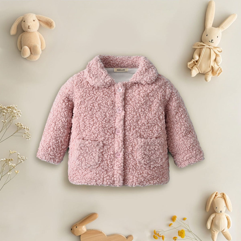 Girls Pink Full Sleeves Sherpa Coat Coats & Jackets Pink 3-6 M 