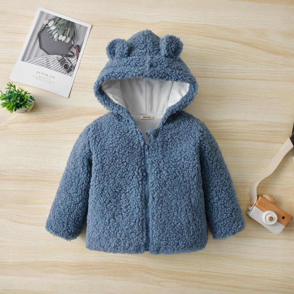 Boys Full Sleeves Hooded Sherpa Jacket Coats & Jackets Blue 3-6 M 