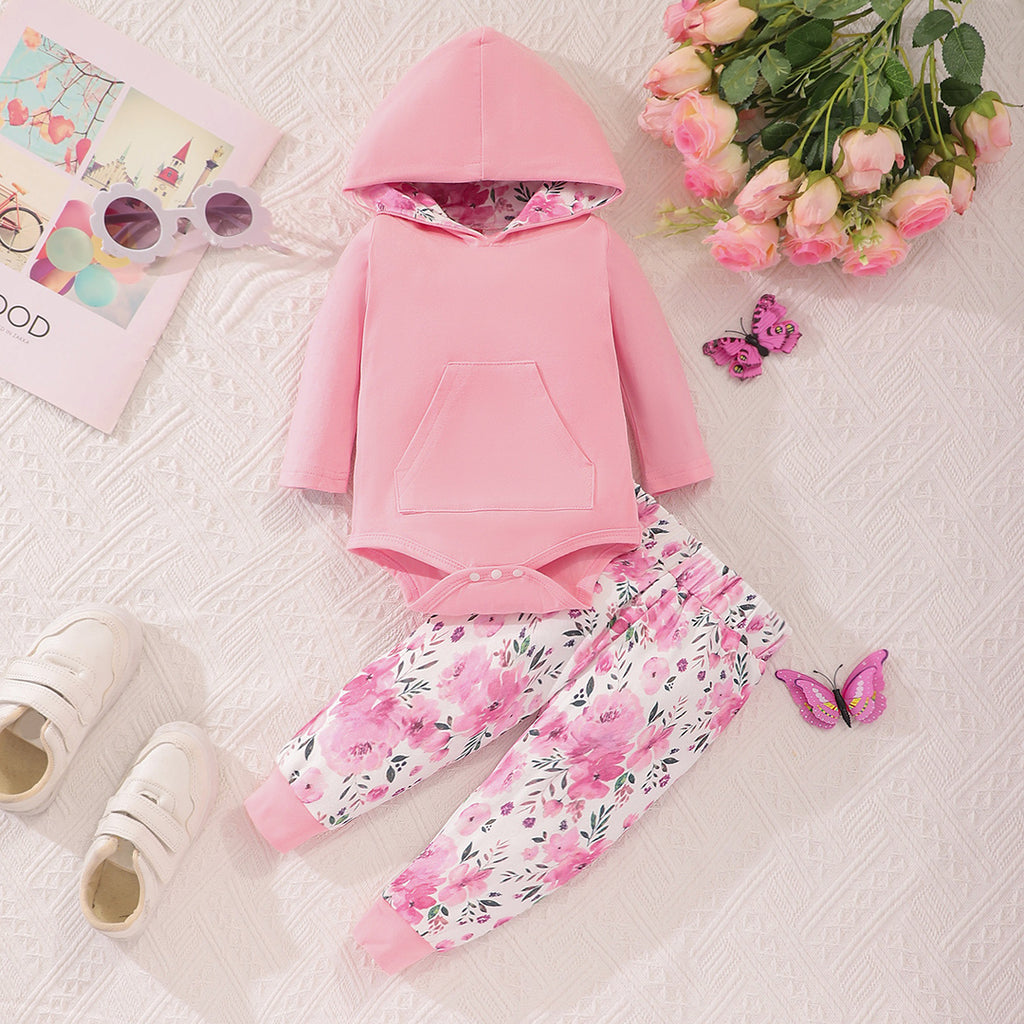 Girls Pink Floral Print Hooded Romper with Trouser Set Sets Pink 0-3 M 