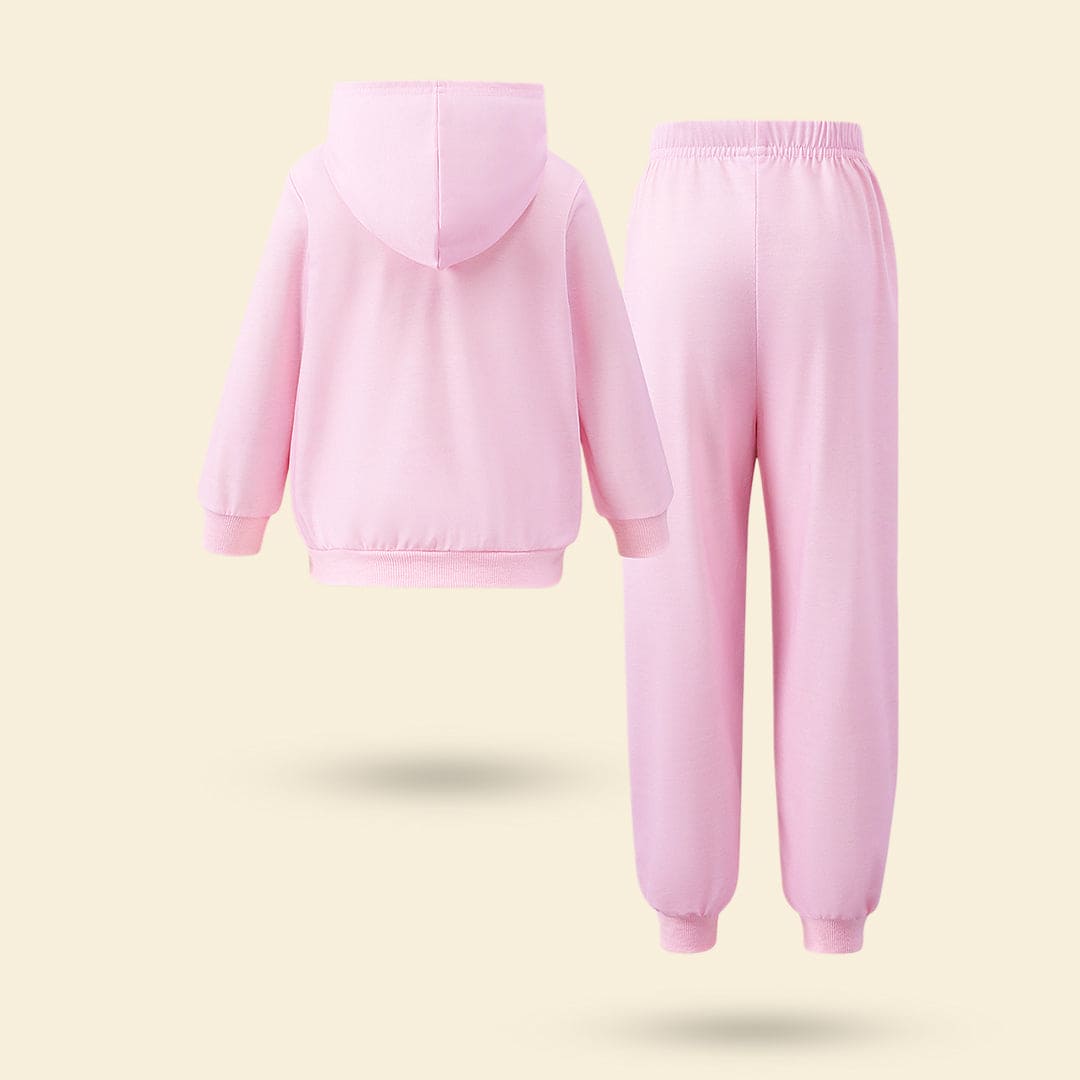 Girls Pink Printed Hooded Full Sleeves Jacket with Pants Set Sets   