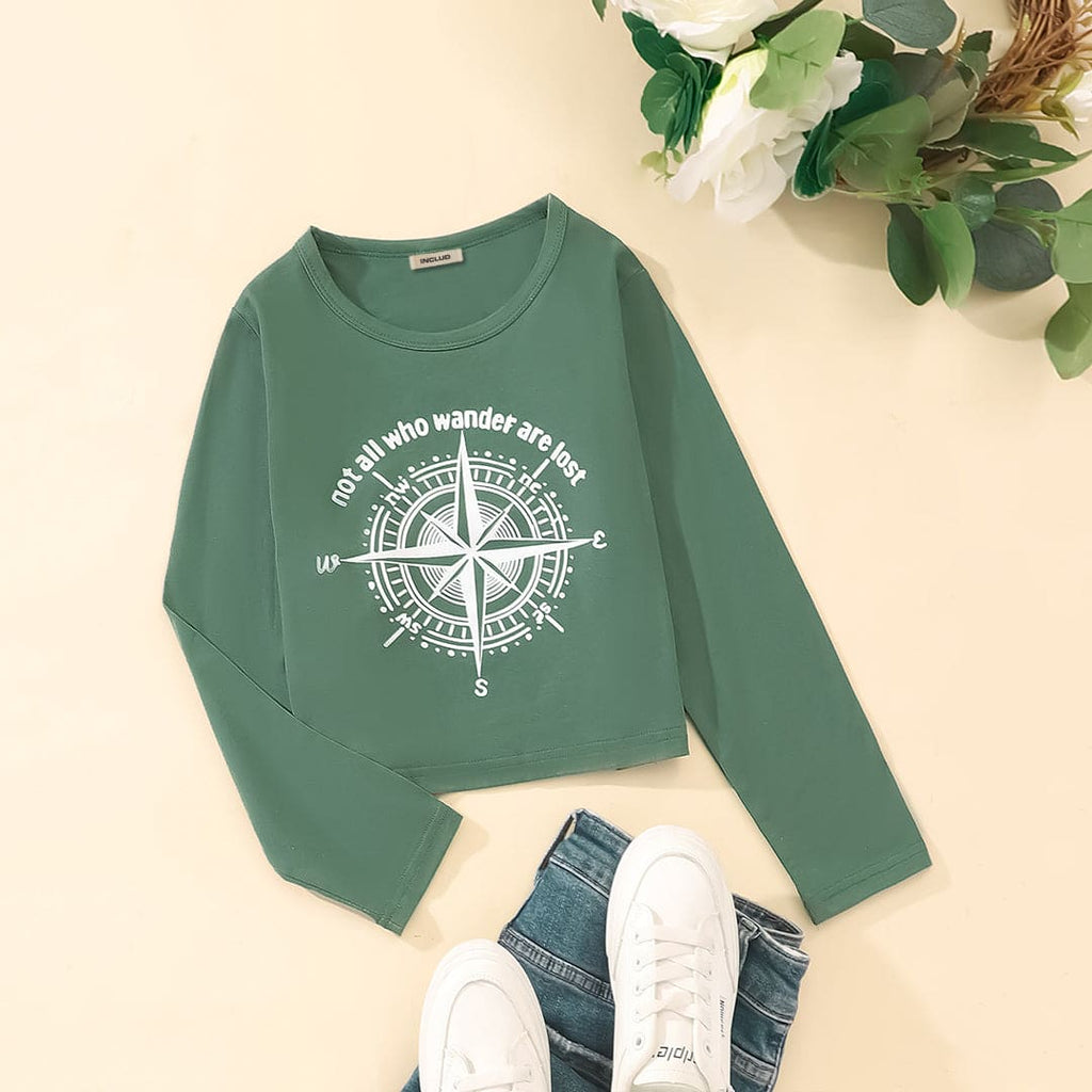 Girls Green Printed Full Sleeves T-shirt Tshirts Green 6-7 Y 