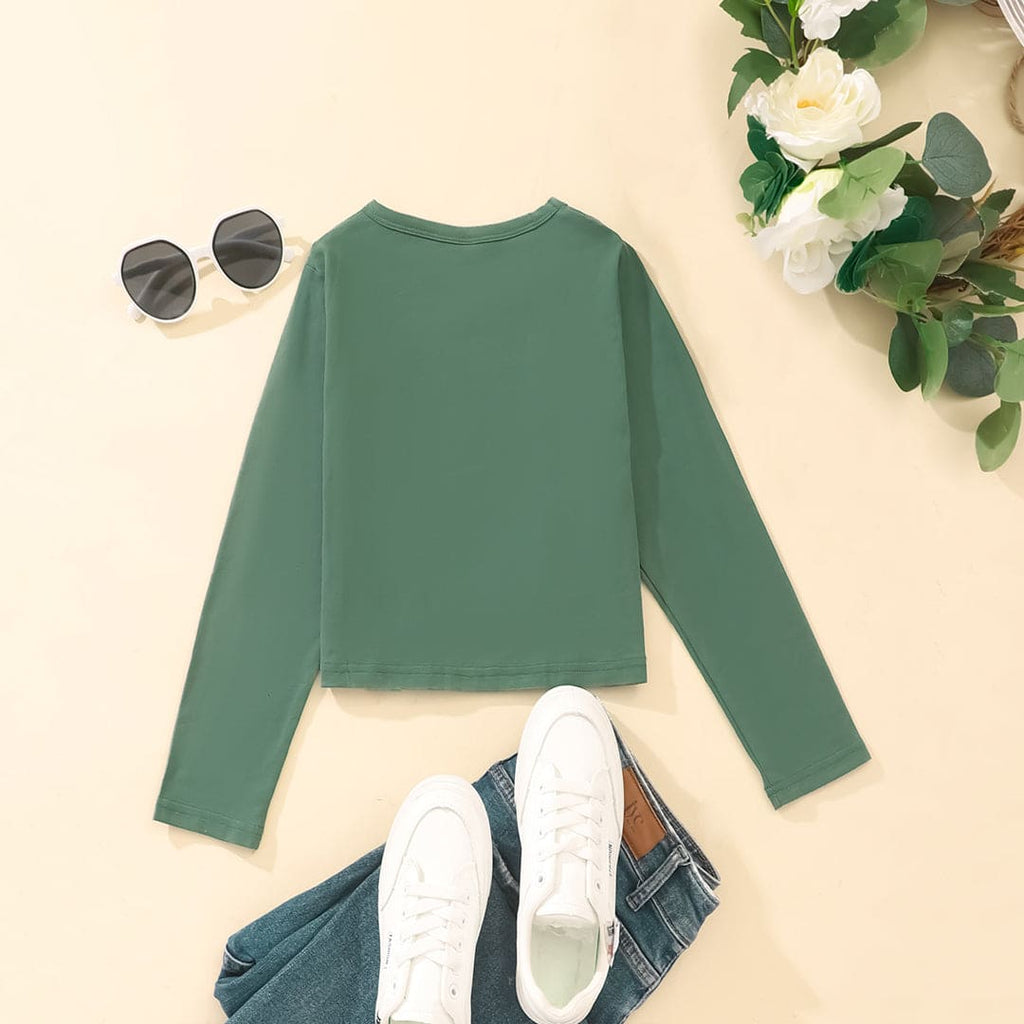 Girls Green Printed Full Sleeves T-shirt Tshirts   