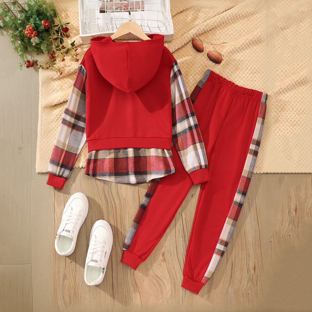 Girls Red Checkered Print Hooded Sweatshirt with Trouser Set Sets Red 8-9 Y 