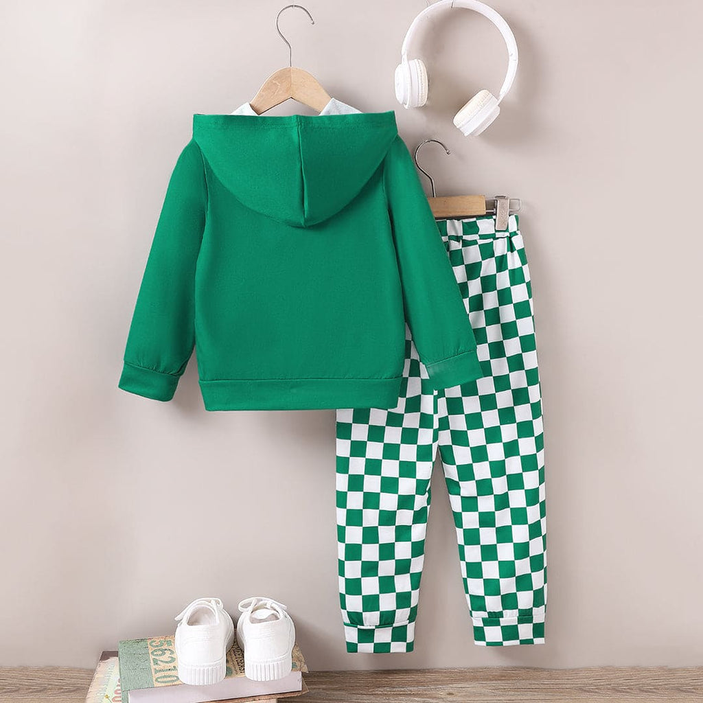 Boys Green Printed Hooded Sweatshirt with Checkered Print Pants Sets Green 4-5 Y 